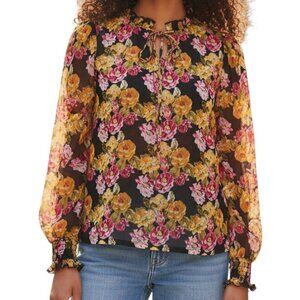 A LOVE STORY "Lorelai" Pink Yellow Brown Lace-Up Front Mesh Blouse Small NWT